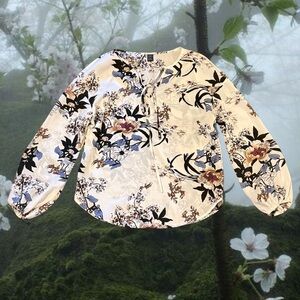 Women’s Floral Tie-Front Blouse Long Sleeve Bubble Sleeve Cream Top Cottagecore